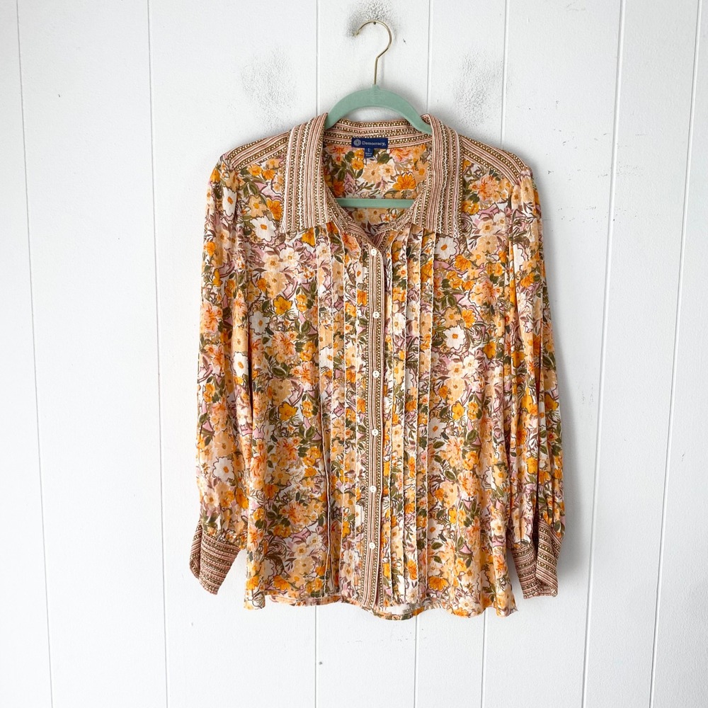 Democracy Floral Pleated Button Front Blouse Orange Cream Sz Large Autumnal Boho